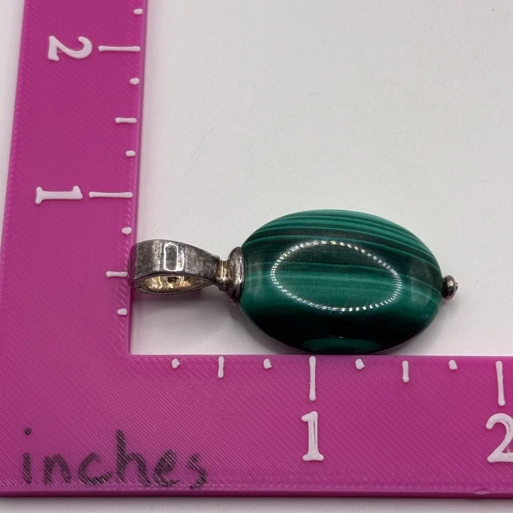 Vintage Malachite Sterling Oval Pendant Green 925 Silver 1.75
